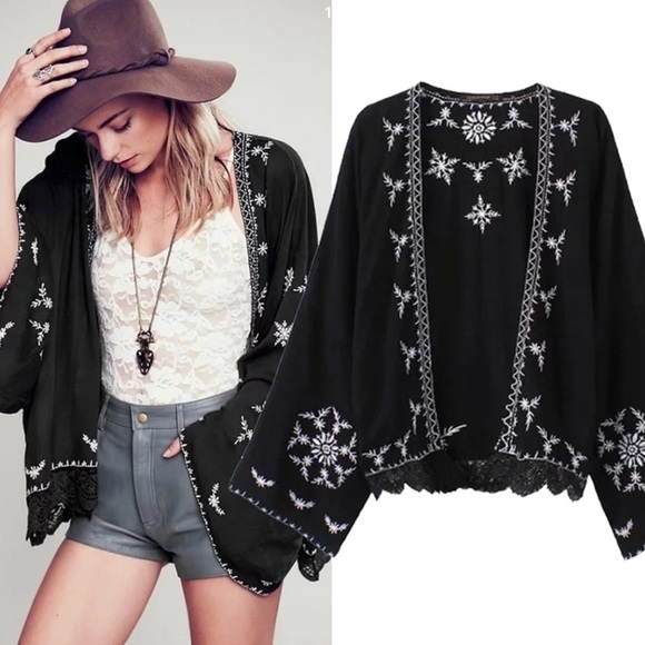 Boho Black & White Embroidered Kimono - Picture 7 of 7